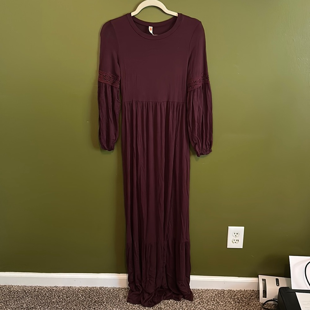 Flamingo urban purple long sleeve maxi dress with lace detail size small
